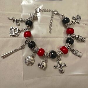 Handmade – NWOT – Sterling silver plated charm bracelet. Red/black beads sporty.
